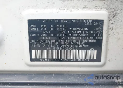 2012 Subaru Outback 2.5I z USA, uszkodzony, nr VIN 4S4BRBAC1C3296230